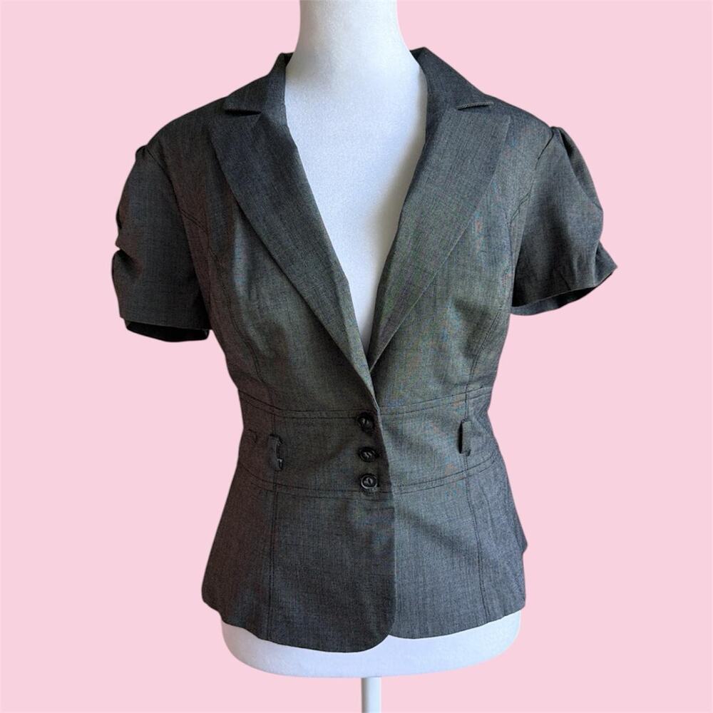 Y2K Office Siren Gray short sleeve blazer with ruffle sleeves and button-up